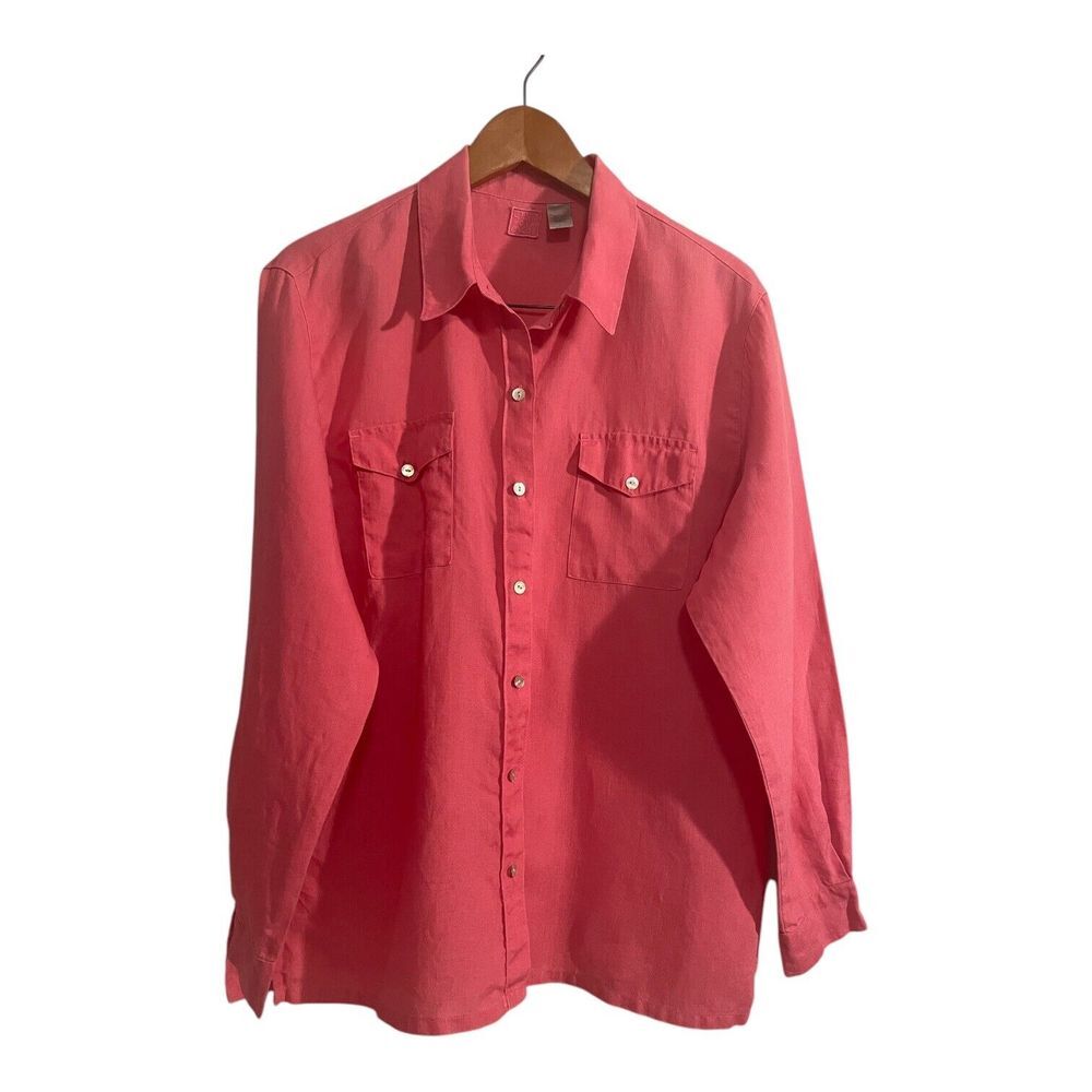 Chico's 100% Linen Button up Shirt Women's Large Pink Long Sleeves‎ Resortwear